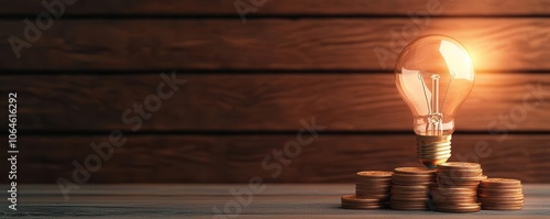 Flickering lightbulb next to diminishing gold coins, high cost concept, flickering lightbulb coins
