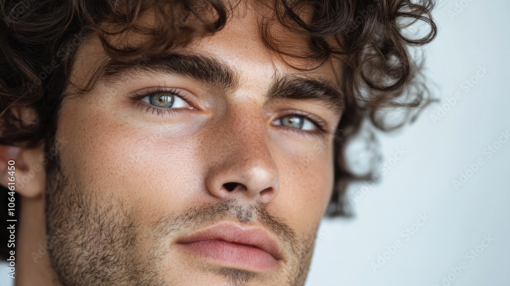Close-up of a man with voluminous curls framing his face, isolated on a clean, light background Close-up of a man with voluminous curls framing his face, isolated on a clean, light background
