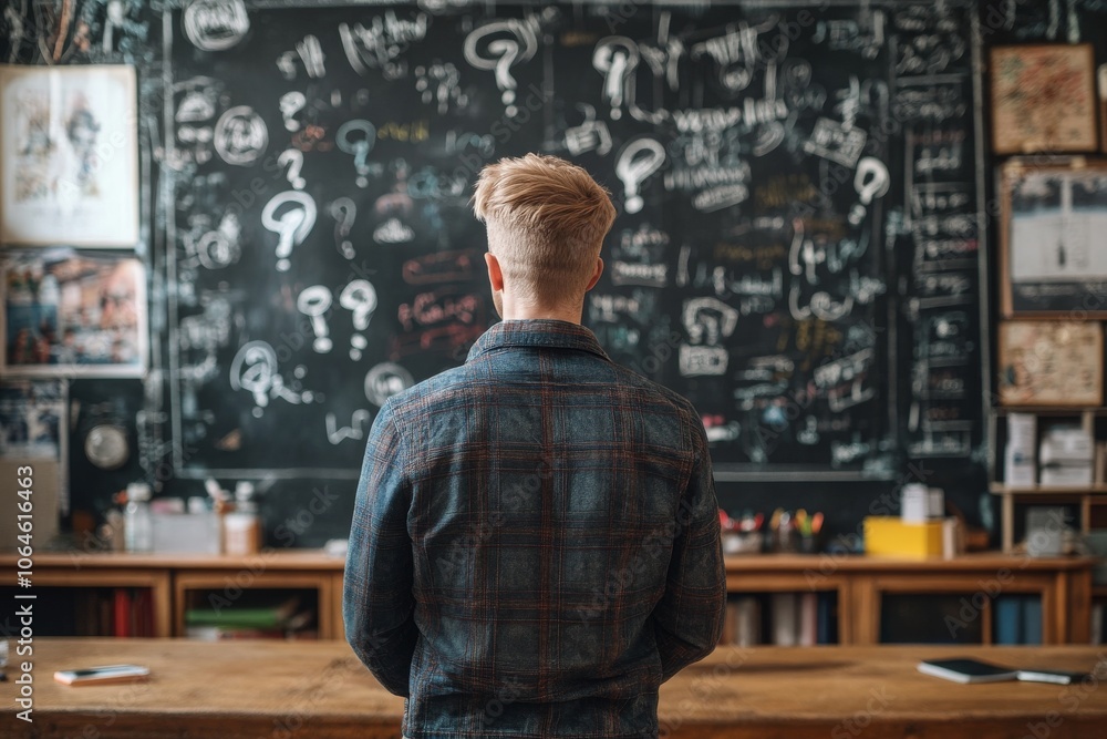 A young man stands in front of a blackboard with notes on it. A young man stands in front of a blackboard with notes on it.