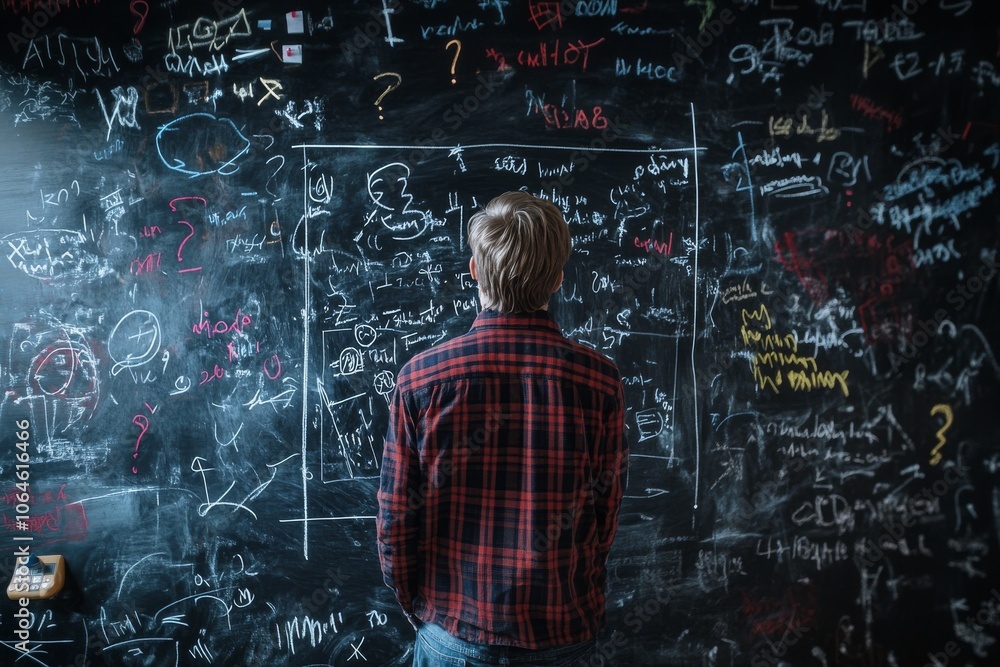 A young man stands in front of a blackboard with notes on it. A young man stands in front of a blackboard with notes on it.