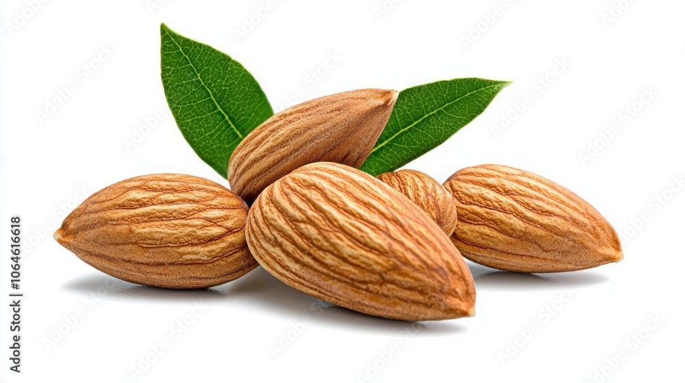 A photostock of whole almonds on a white background, isolated and detailed. A photostock of whole almonds on a white background, isolated and detailed.