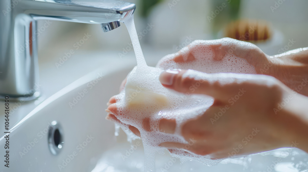 Fototapeta premium A person washing hands with soap under running water at a sink.