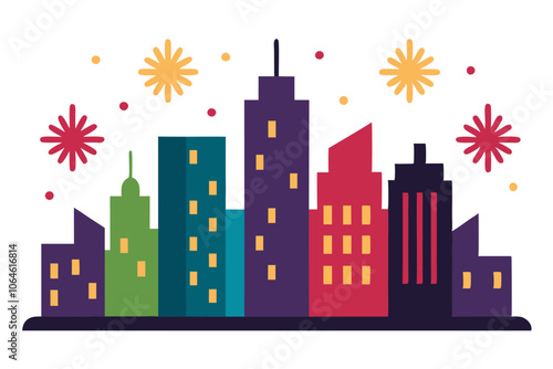 New Year City Skyline with Fireworks | isolated vector illustration on white background