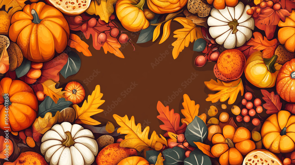 Fototapeta premium Autumn harvest display featuring a variety of pumpkins, leaves, and seasonal decorations