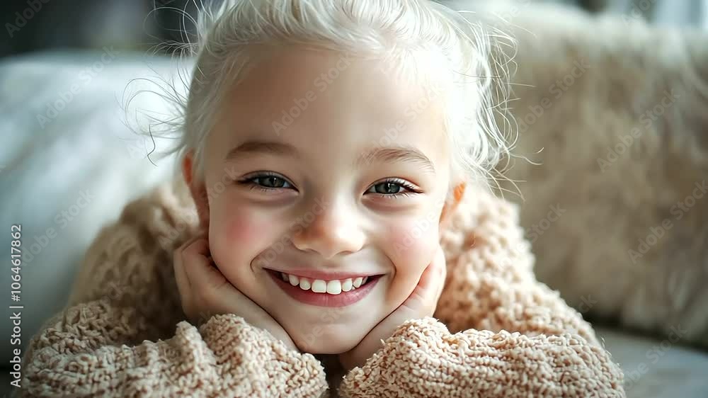 Little cute young albino vitiligo small girl relax toothy smile look at camera. Real melanin face body skin care hair color of asia people gen z kid in self love happy AI Little cute young albino vitiligo small girl relax toothy smile look at camera. Real melanin face body skin care hair color of asia people gen z kid in self love happy AI