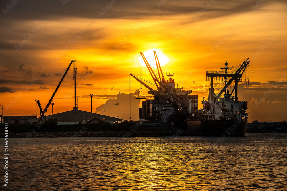 Large cargo ship and evening port Large cargo ship and evening port