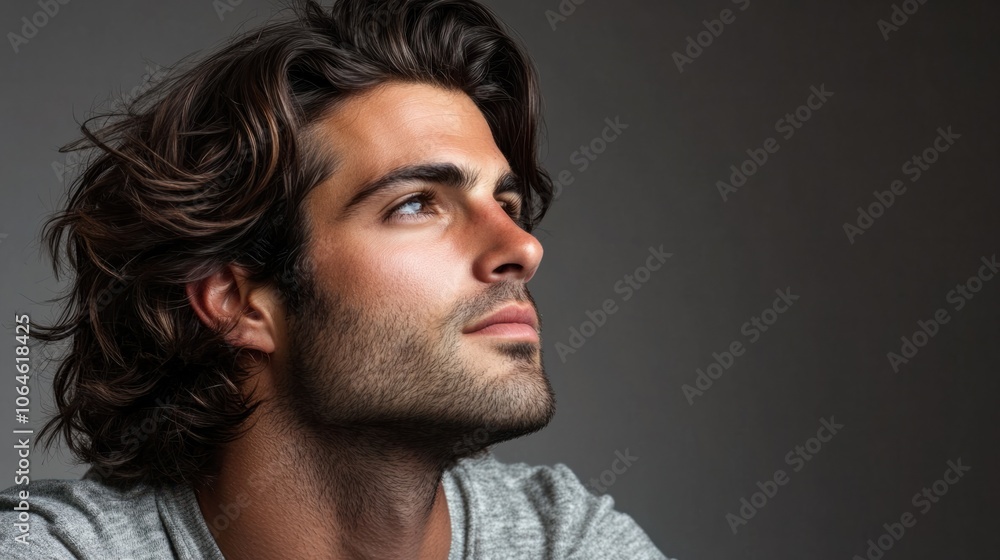 Fototapeta premium Man with thick, wavy hair gazing thoughtfully into the distance on a plain gray background