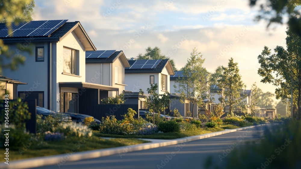 A row of modern townhouses with solar panels. A row of modern townhouses with solar panels.