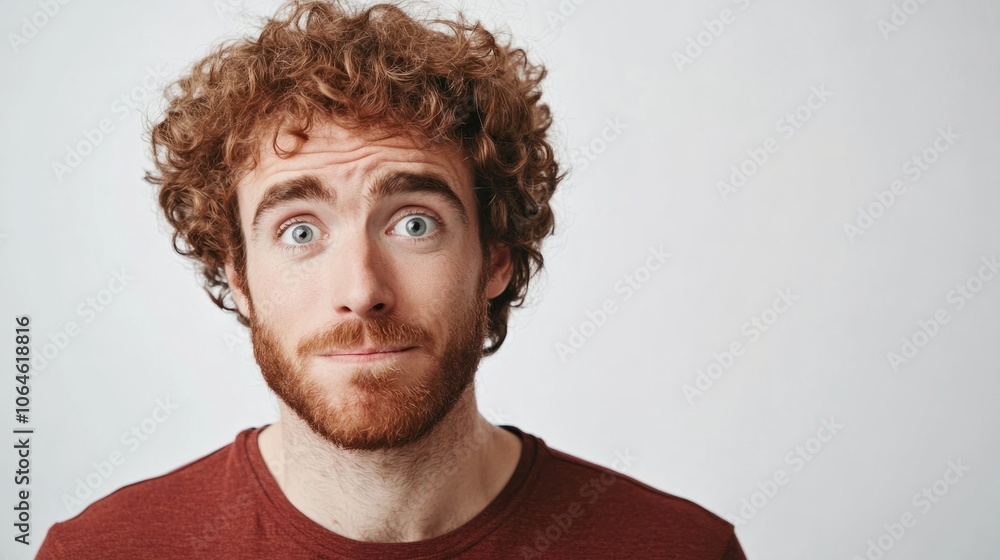 Fototapeta premium Man with voluminous, curly hair looking confident, isolated on a minimalist light background