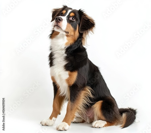 Portrait of cute young Australian Shepherd dog sitting on floor, isolated on white background