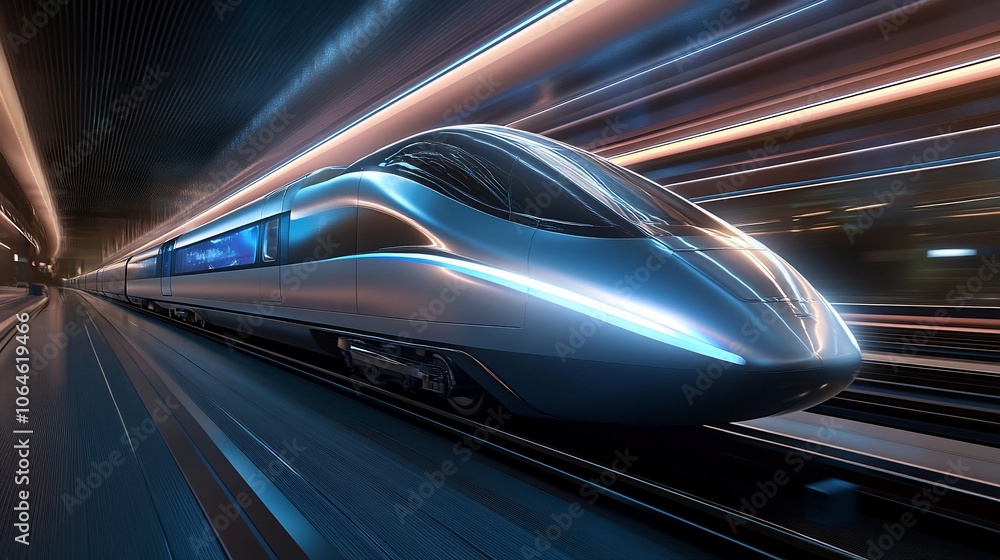 A modern high-speed train speeding through a tunnel. A modern high-speed train speeding through a tunnel.