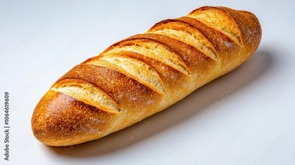 A photostock of a fresh baguette on a white background, golden and appetizing. A photostock of a fresh baguette on a white background, golden and appetizing.