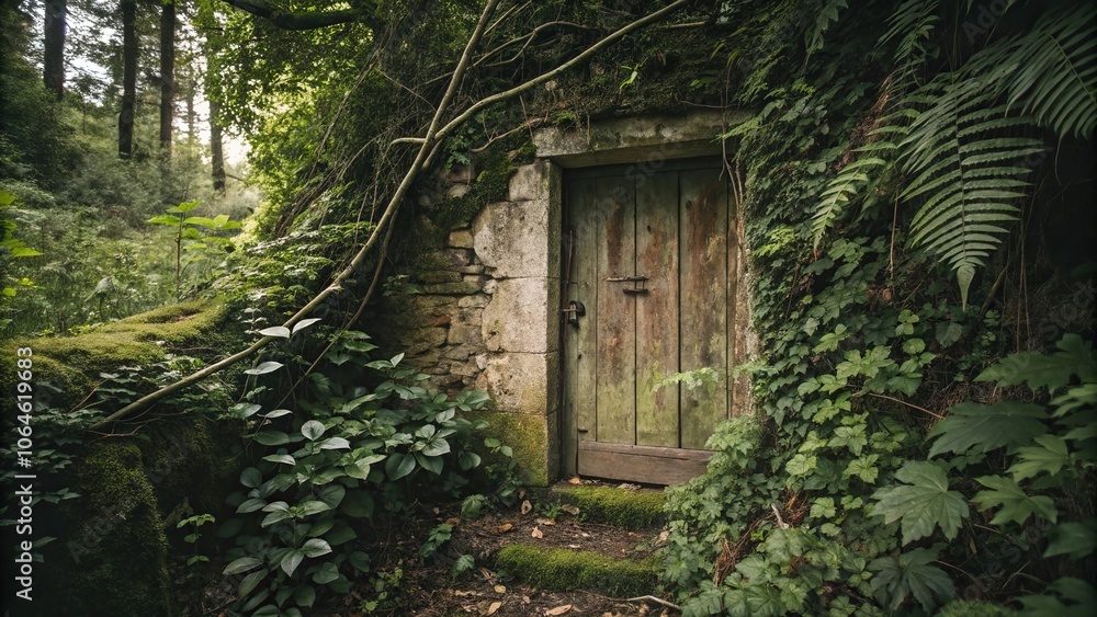 Overgrown foliage surrounding a weathered wooden door, weathered, foliage surround, earthy tones Overgrown foliage surrounding a weathered wooden door, weathered, foliage surround, earthy tones