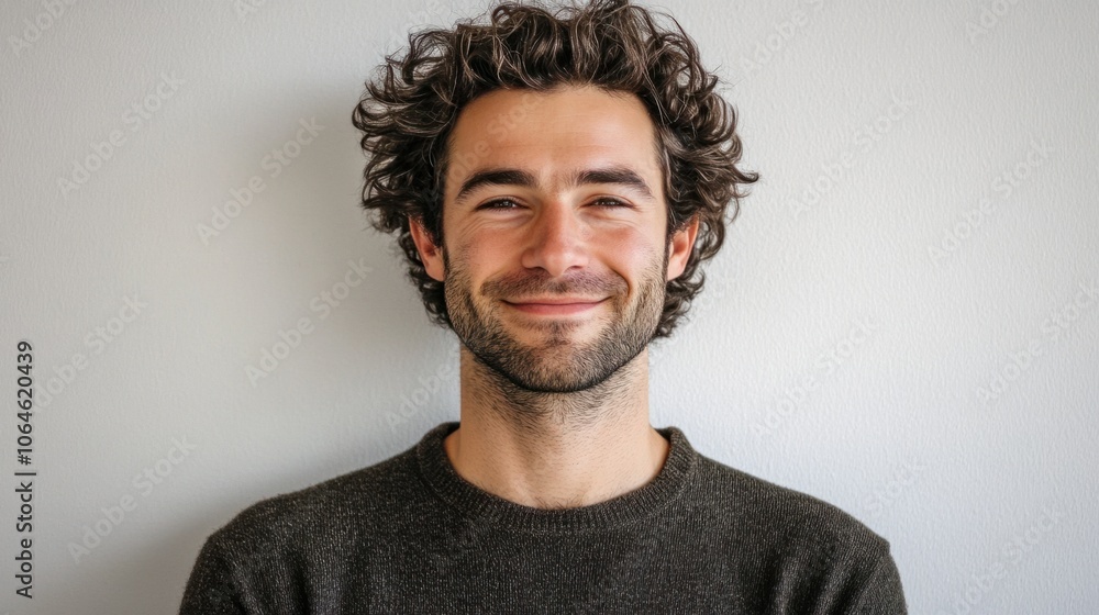 Fototapeta premium Portrait of a man with fluffy, curly hair and a relaxed smile on a simple neutral background