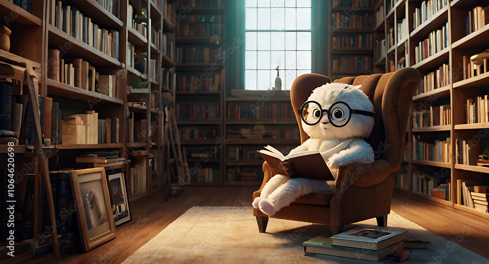 A wise moth wearing glasses and reading a book in a cozy library filled with shelves of books and a comfy chair. A wise moth wearing glasses and reading a book in a cozy library filled with shelves of books and a comfy chair.