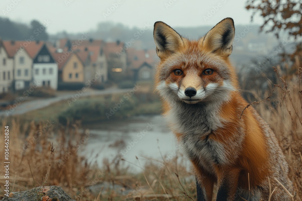 Obraz premium Fox sitting with village in the background.