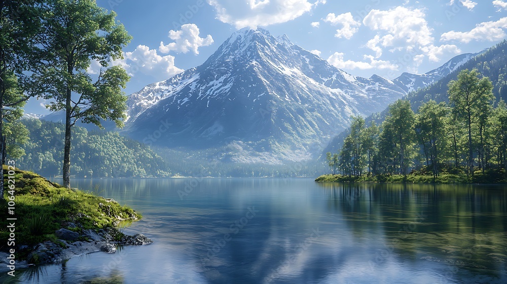 Mountain Lake with Green Trees and Snow Capped Peak Mountain Lake with Green Trees and Snow Capped Peak