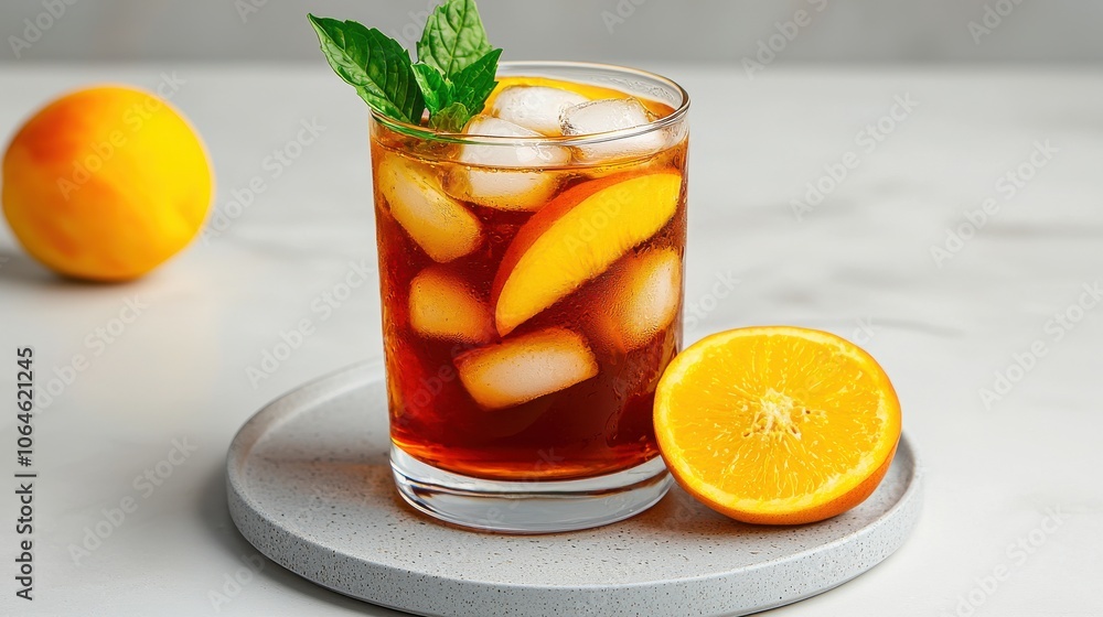 Refreshing iced tea with peach slices and mint, served in glass with ice. vibrant orange slice complements drink, perfect for summer enjoyment Refreshing iced tea with peach slices and mint, served in glass with ice. vibrant orange slice complements drink, perfect for summer enjoyment