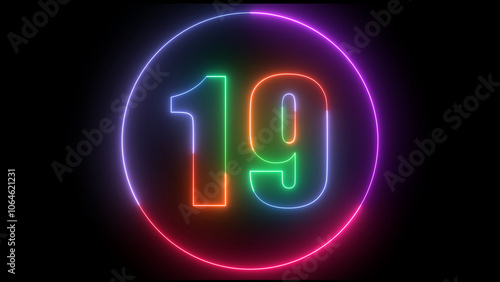 glowing Neon number  19 with neon circle illustrion on black background,  the best digital  Education concept.  photo