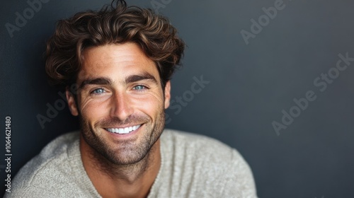 Portrait of a man with thick, full hair and soft smile, looking confidently at the camera on gray backdrop