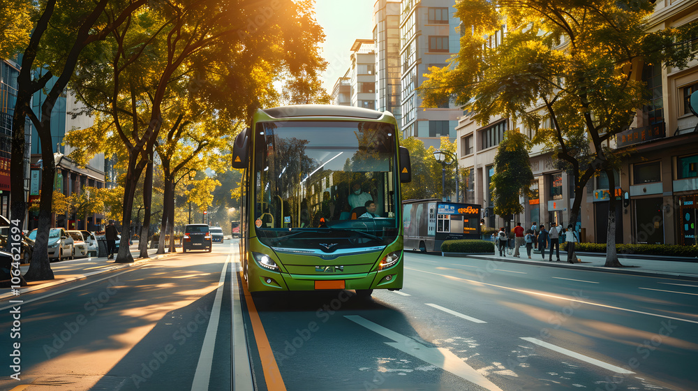 Fototapeta premium Green electric bus on a city street. Eco-friendly vision of urban transport for a sustainable and clean future
