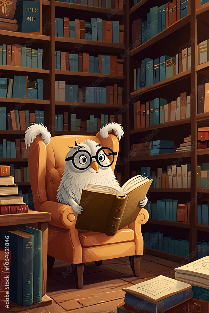 A wise moth wearing glasses and reading a book in a cozy library filled with shelves of books and a comfy chair. A wise moth wearing glasses and reading a book in a cozy library filled with shelves of books and a comfy chair.