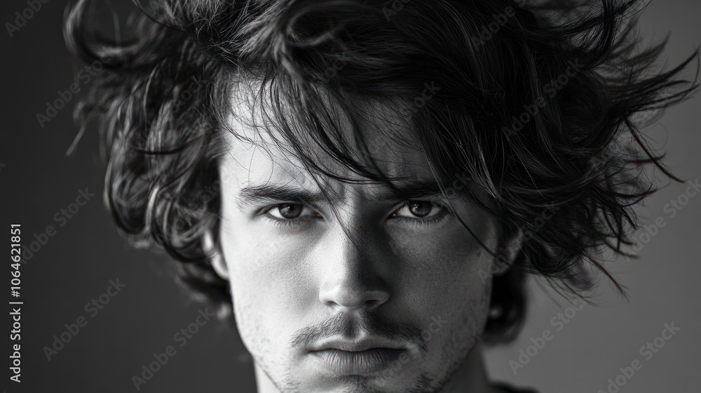 Portrait of a man with voluminous hair, gazing directly at the camera on a clean, minimalist background Portrait of a man with voluminous hair, gazing directly at the camera on a clean, minimalist background