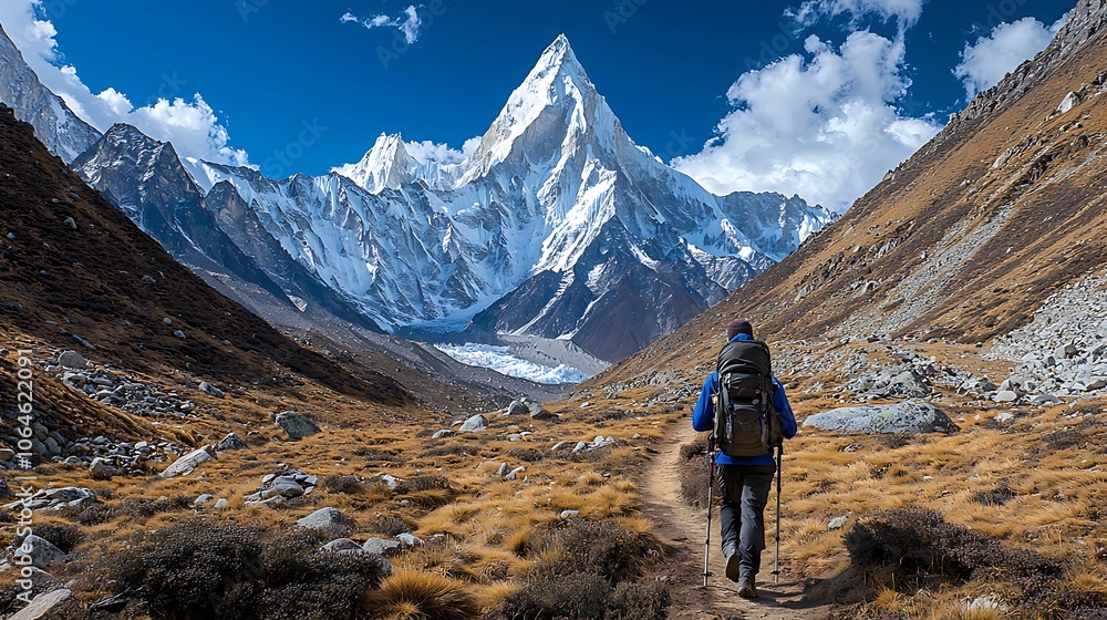 Majestic Mountain Peak Hike Adventurous Traveler with Backpack and Trekking Poles Majestic Mountain Peak Hike Adventurous Traveler with Backpack and Trekking Poles