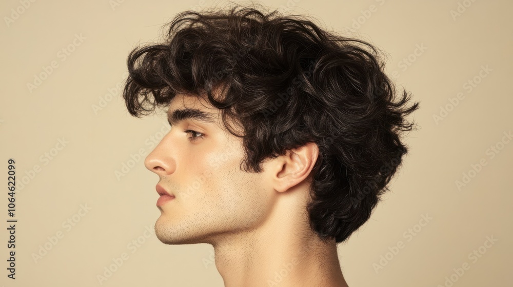 Side profile of a man with big, textured hair, looking away on a minimalist neutral background Side profile of a man with big, textured hair, looking away on a minimalist neutral background