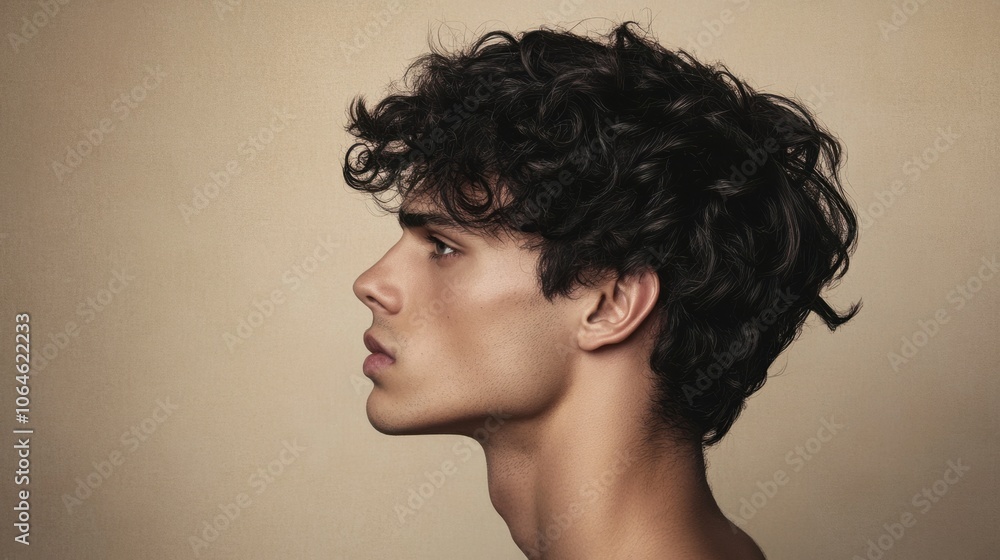 Side profile of a man with big, textured hair, looking away on a minimalist neutral background Side profile of a man with big, textured hair, looking away on a minimalist neutral background