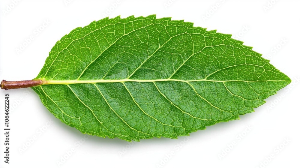 Obraz premium A photostock of a green mint leaf on a white background, fresh and isolated.