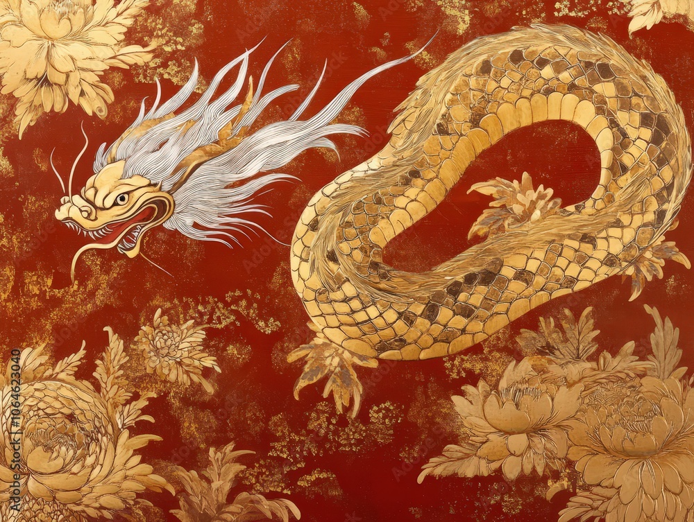Golden Dragon on Red Background. Golden Dragon on Red Background.