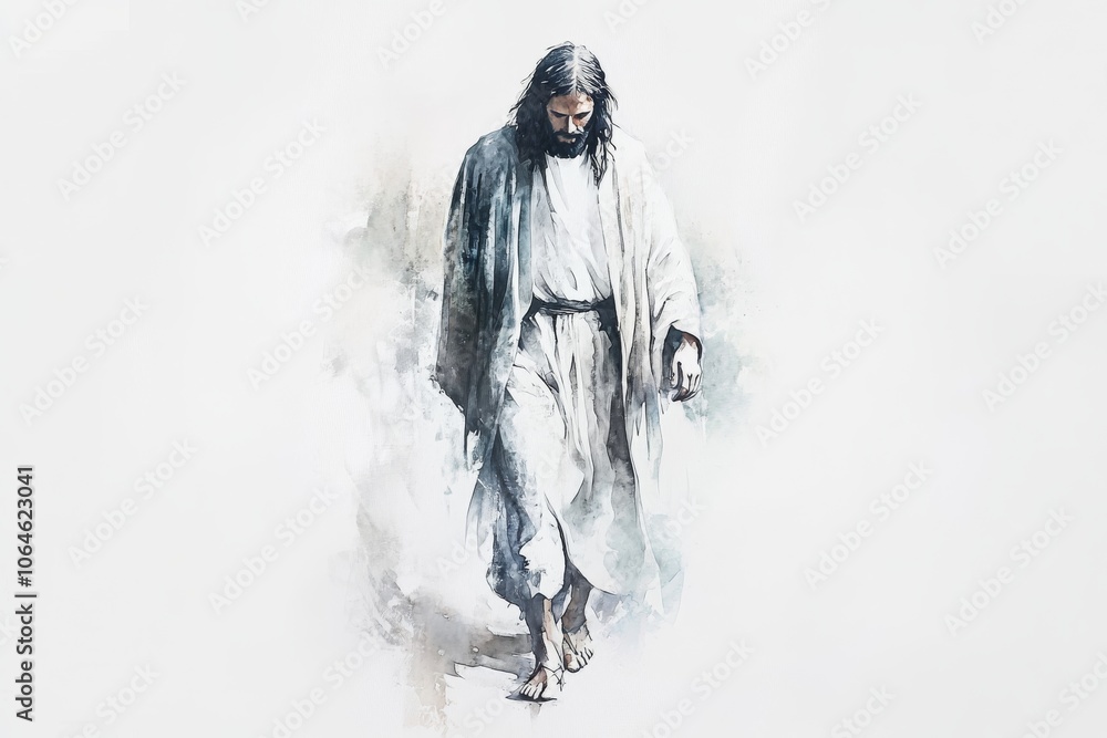 Obraz premium A watercolor painting of Jesus Christ walking.