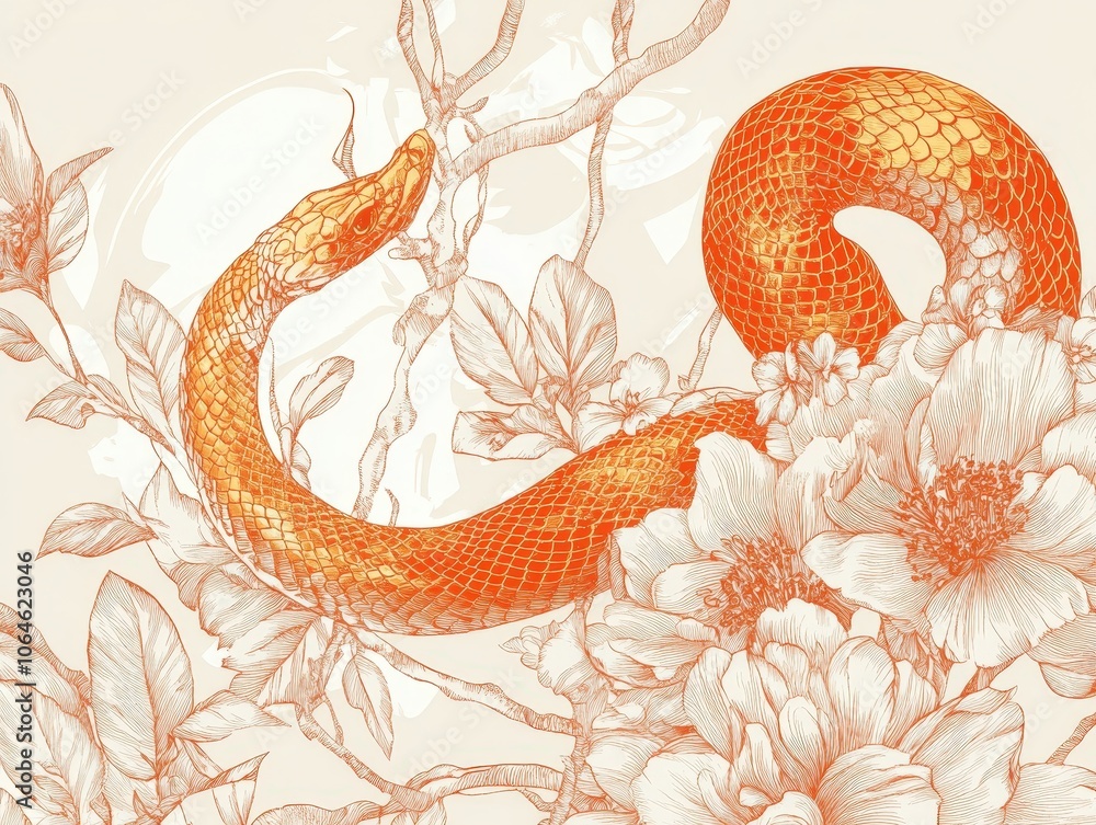 Obraz premium Orange Snake in a Floral Garden.
