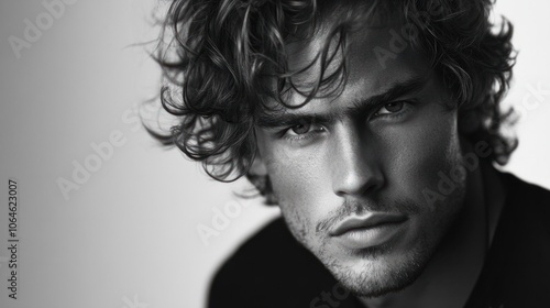 Stylish man with fluffy, wavy hair looking confidently at the camera on a plain, light background