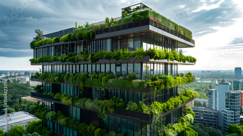 Modern building with an extensive green roof for ecology and sustainable development in a modern city