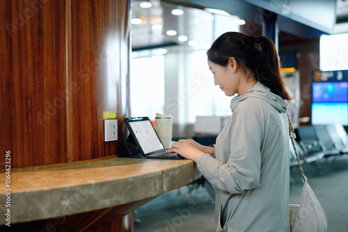 Young Woman Working on a Tablet at an Airport Lounge