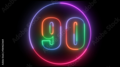 glowing Neon number 90  with neon circle illustrion on black background,  the best digital  Education concept.  photo