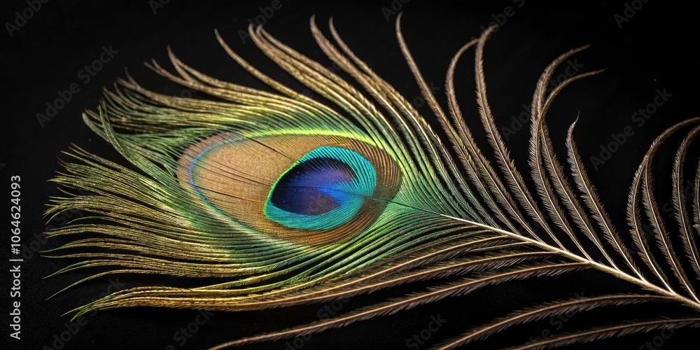 Obraz premium Exquisite Food Photography Featuring Detailed Shot of Peacock Feather and Intricate Patterns Against a Black Background, Perfect for Culinary Art and Elegant Presentation