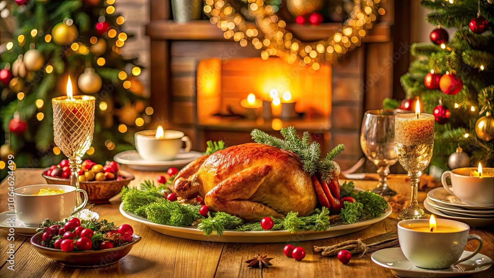 Festive Christmas Dinner Table with Roasted Turkey and Holiday Decorations for a Warm Family Gathering Festive Christmas Dinner Table with Roasted Turkey and Holiday Decorations for a Warm Family Gathering