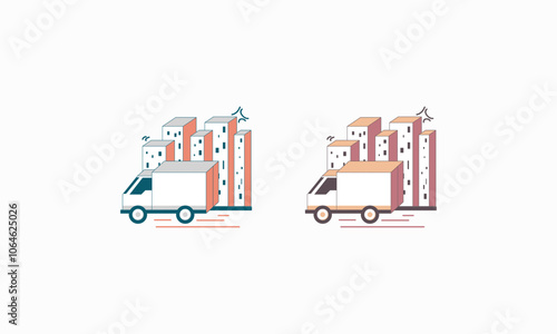 Two Delivery Trucks Driving Past City Skylines