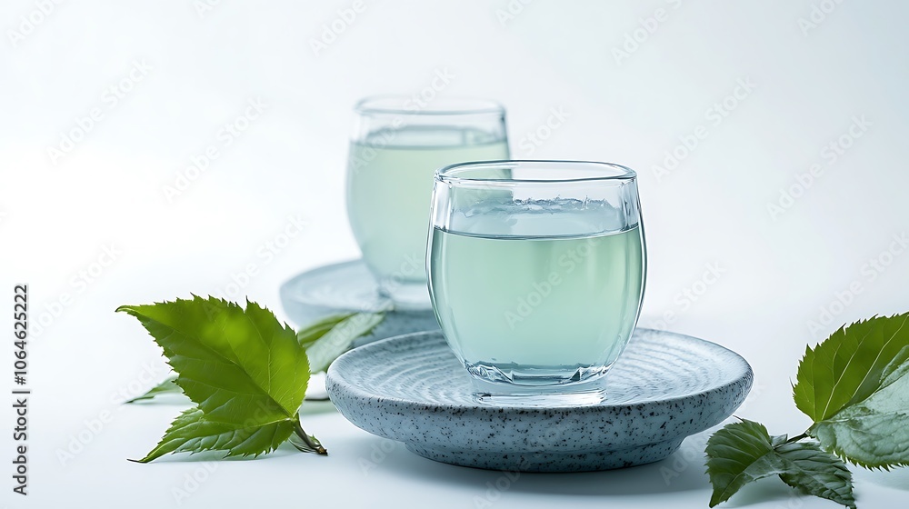 Cup with hot aromatic mint tea and fresh leaves on table Cup with hot aromatic mint tea and fresh leaves on table