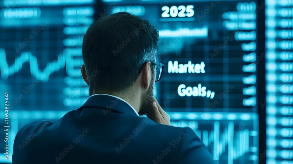 A man in a suit analyzes financial data on screens, focusing on market goals and trends projected for 2025. A man in a suit analyzes financial data on screens, focusing on market goals and trends projected for 2025.