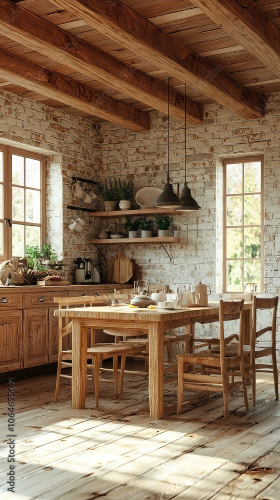 Rustic Traditional Kitchen with Wooden Dining Table Rustic Traditional Kitchen with Wooden Dining Table