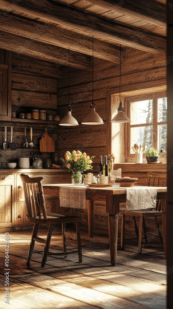 Cozy Rustic Kitchen with Wooden Dining Table Cozy Rustic Kitchen with Wooden Dining Table