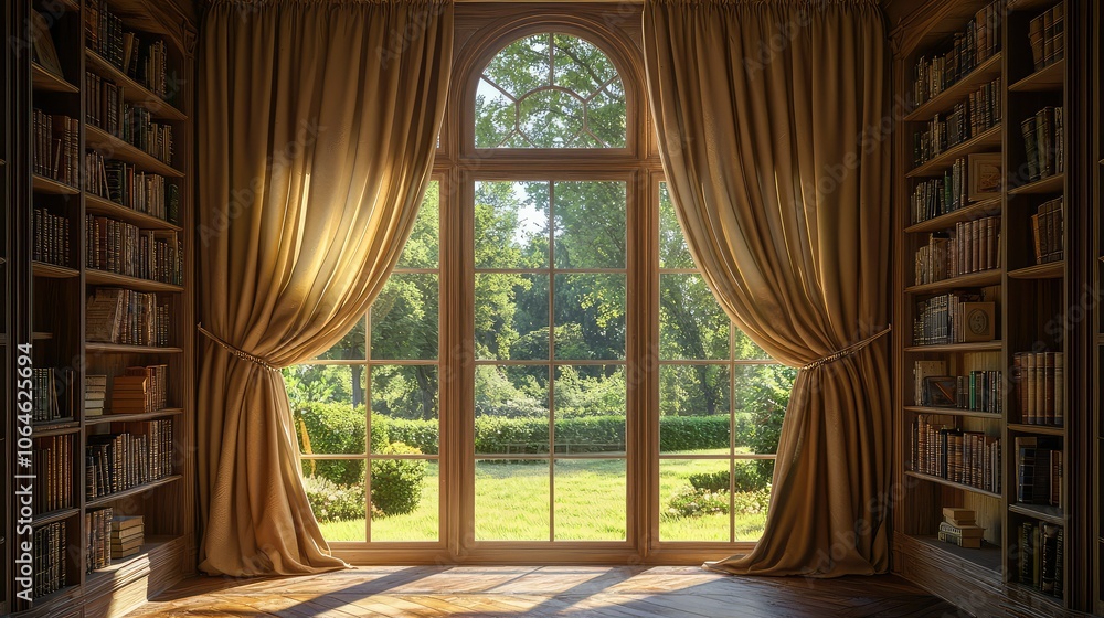 Cozy Study with Thick Draped Curtains and Bookshelves Cozy Study with Thick Draped Curtains and Bookshelves