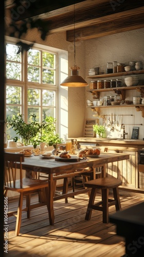 Cozy Rustic Kitchen with Wooden Dining Table