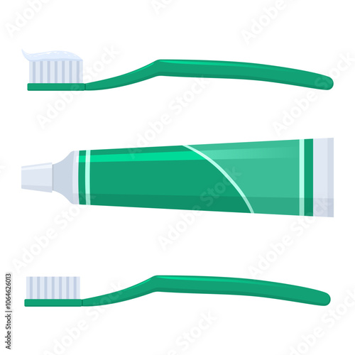 Vector illustration of a toothbrush with and without toothpaste, along with a toothpaste tube, isolated on a white background. Set design in green