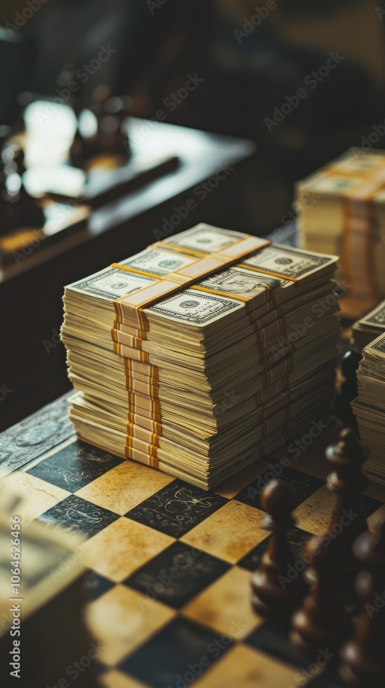 Stacks of Cash on Chessboard Strategy Concept Stacks of Cash on Chessboard Strategy Concept
