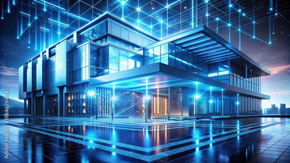 Futuristic Abstract Digital Building with Blue Holographic Technology and Motion Background in Minimalist Style Futuristic Abstract Digital Building with Blue Holographic Technology and Motion Background in Minimalist Style